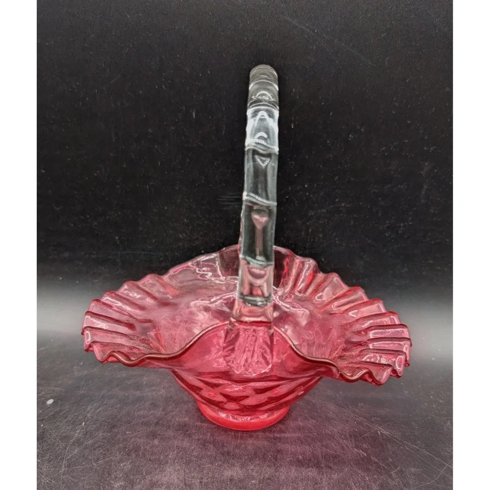 Vintage Cranberry Glass Basket Diamond Quilt Ruffled Rim Clear Thorn Handle Pink
